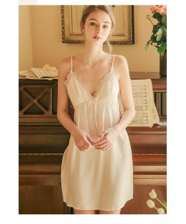 Summer French Ice Silk Lace Sexy Thin Nightgown Suspenders Nightdress two-piece with chest pad Wholesale