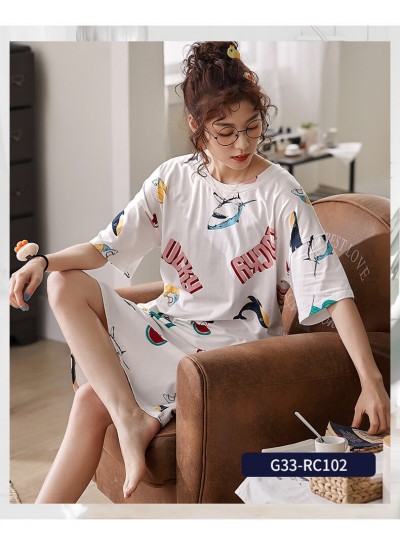 Women Modal Cotton Loose Print Nightgown Outside Casual Home Service Summer Short-sleeved Nightdress Wholesale