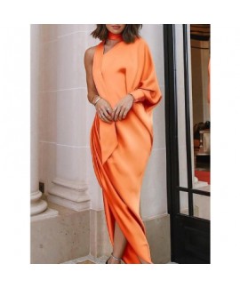 Ladies elegant long dress, evening dress, single shoulder wrinkle split fork dress