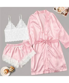 Women Satin Silk Pink Striped Jacket Lace Pajamas ...