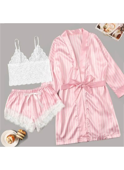 Women Satin Silk Pink Striped Jacket Lace Pajamas Sexy Bra Panties 3 Pieces Sleepwear Set Wholesale and Retail