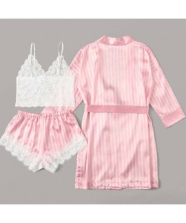 Women Satin Silk Pink Striped Jacket Lace Pajamas Sexy Bra Panties 3 Pieces Sleepwear Set Wholesale and Retail