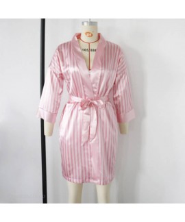 Women Satin Silk Pink Striped Jacket Lace Pajamas Sexy Bra Panties 3 Pieces Sleepwear Set Wholesale and Retail