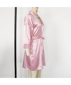 Women Satin Silk Pink Striped Jacket Lace Pajamas Sexy Bra Panties 3 Pieces Sleepwear Set Wholesale and Retail