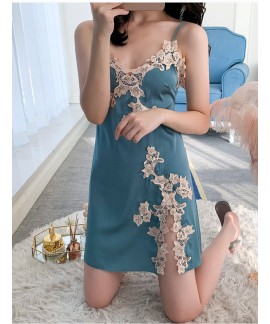 New Summer Ladies French Suspenders Print Nightdress High-grade Ice Silk Satin Beautiful Backless Pajamas Wholesale and Retail