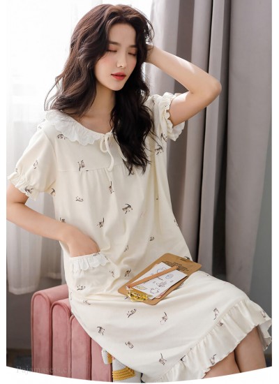 Cartoon Animal Print Ladies Cotton Nightdress Summer Short-sleeved Pajamas Japanese Cute Sweet Princess Style Wholesale and Retail