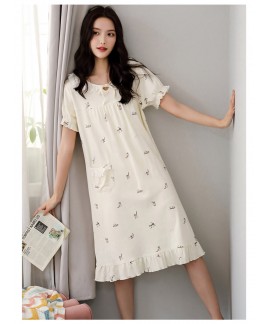 Cartoon Animal Print Ladies Cotton Nightdress Summer Short-sleeved Pajamas Japanese Cute Sweet Princess Style Wholesale and Retail