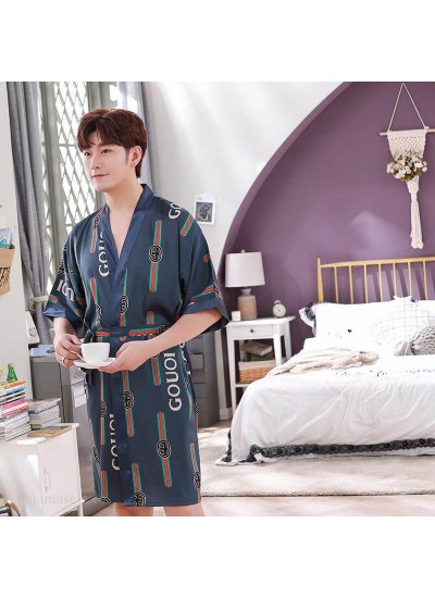 Robe Male Ice Silk Summer Short-sleeved Thin Luxury Home Service Print Pajamas Wholesale and Retail