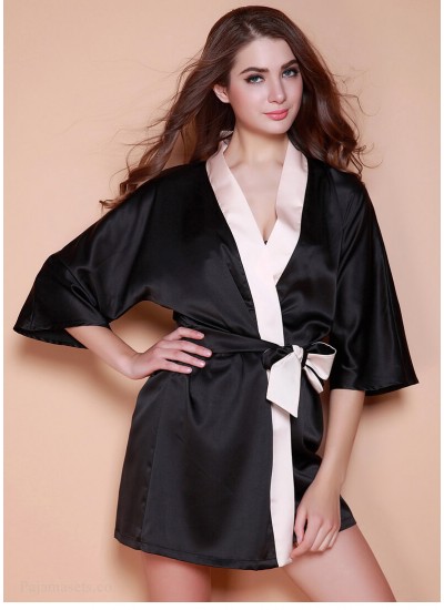 New Black Silk Nightgown Mid Sleeve Bathrobe Women Spring Summer Female Nightwear Wholesale and Retail