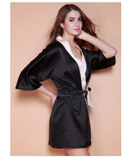 New Black Silk Nightgown Mid Sleeve Bathrobe Women Spring Summer Female Nightwear Wholesale and Retail