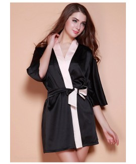 New Black Silk Nightgown Mid Sleeve Bathrobe Women Spring Summer Female Nightwear Wholesale and Retail