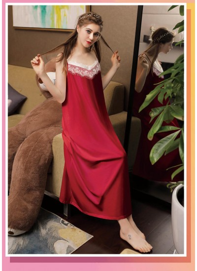 Sexy Lace Nightdress Red Wine Ladies Summer Long Sling Cotton Nightwear Underwear Backless Pajamas Wholesale
