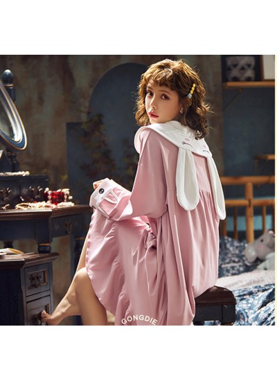 New Style Ladies Long-sleeved Cotton Nightdress Long Thin Pajamas Rabbit Ears Pink Spring Autumn Home Servies Wholesale