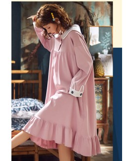 New Style Ladies Long-sleeved Cotton Nightdress Long Thin Pajamas Rabbit Ears Pink Spring Autumn Home Servies Wholesale