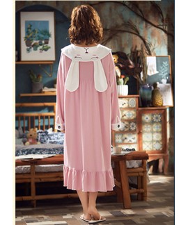 New Style Ladies Long-sleeved Cotton Nightdress Long Thin Pajamas Rabbit Ears Pink Spring Autumn Home Servies Wholesale