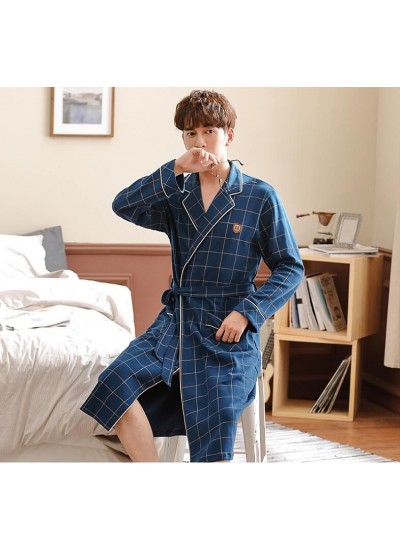 Spring Autumn Bathrobe Men 100% Cotton Night Gown Kimono Robes For Male Plaid Robes Long Plus Size Dressing Gown