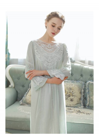 Princess Cotton Sleepwear Spring Summer Female Long Sleeve Lace French Court Retro Women Long Nightgown Elegant Romantic