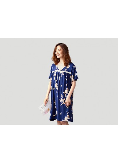 Navy Blue Flower Lace Female Pajamas Women Summer Night Skirts Summer Thin Middle-aged Mother Nightgown Wholesale