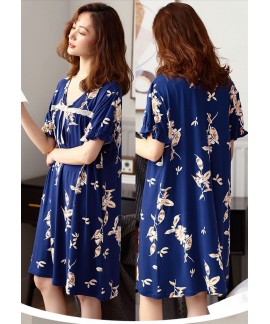 Navy Blue Flower Lace Female Pajamas Women Summer Night Skirts Summer Thin Middle-aged Mother Nightgown Wholesale