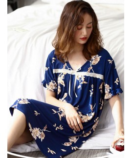 Navy Blue Flower Lace Female Pajamas Women Summer Night Skirts Summer Thin Middle-aged Mother Nightgown Wholesale