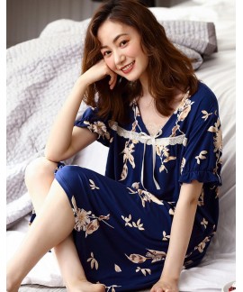 Navy Blue Flower Lace Female Pajamas Women Summer Night Skirts Summer Thin Middle-aged Mother Nightgown Wholesale
