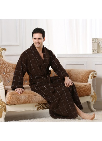 Mens High Quality 100% Cotton Toweling Autumn Winter Long Sleeve Night Gown With Pockets Male Plaid Bathrobe Hot Sale