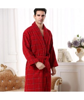 Mens High Quality 100% Cotton Toweling Autumn Winter Long Sleeve Night Gown With Pockets Male Plaid Bathrobe Hot Sale