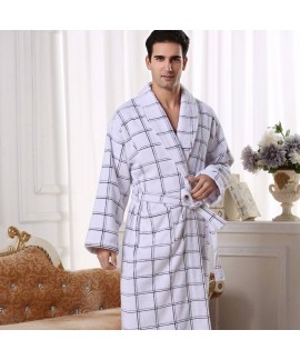 Mens High Quality 100% Cotton Toweling Autumn Winter Long Sleeve Night Gown With Pockets Male Plaid Bathrobe Hot Sale