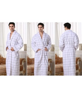 Mens High Quality 100% Cotton Toweling Autumn Winter Long Sleeve Night Gown With Pockets Male Plaid Bathrobe Hot Sale