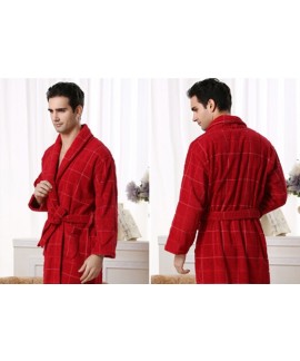 Mens High Quality 100% Cotton Toweling Autumn Winter Long Sleeve Night Gown With Pockets Male Plaid Bathrobe Hot Sale