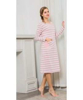 Cotton Nightgown Ladies Striped Long Softy Nightdress With Pockets Autumn Spring Pajamas For Women