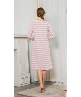 Cotton Nightgown Ladies Striped Long Softy Nightdress With Pockets Autumn Spring Pajamas For Women