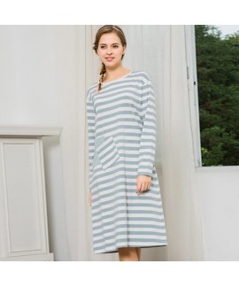 Cotton Nightgown Ladies Striped Long Softy Nightdress With Pockets Autumn Spring Pajamas For Women