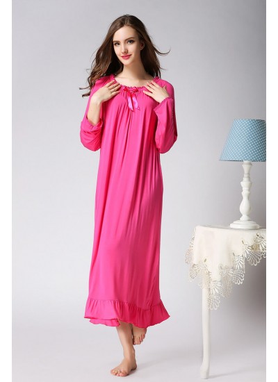 Ladies Spring Autumn Long Sleeve Lotus Leaf Bow Nightgown For Women Cotton Loose Vintage Sleeping Dress M-XXL