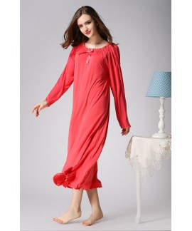 Ladies Spring Autumn Long Sleeve Lotus Leaf Bow Nightgown For Women Cotton Loose Vintage Sleeping Dress M-XXL
