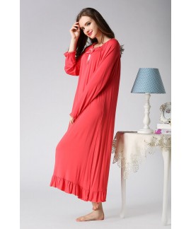 Ladies Spring Autumn Long Sleeve Lotus Leaf Bow Nightgown For Women Cotton Loose Vintage Sleeping Dress M-XXL