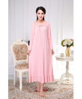 Ladies Spring Autumn Long Sleeve Lotus Leaf Bow Nightgown For Women Cotton Loose Vintage Sleeping Dress M-XXL