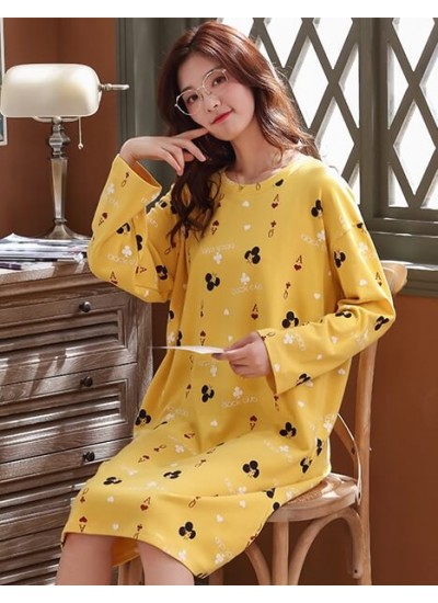 Women Plus Size Korean Version 100% Cotton Nightdress Spring Autumn Plant flower Print Nightgowns Female Long Sleeve Sleep Dress