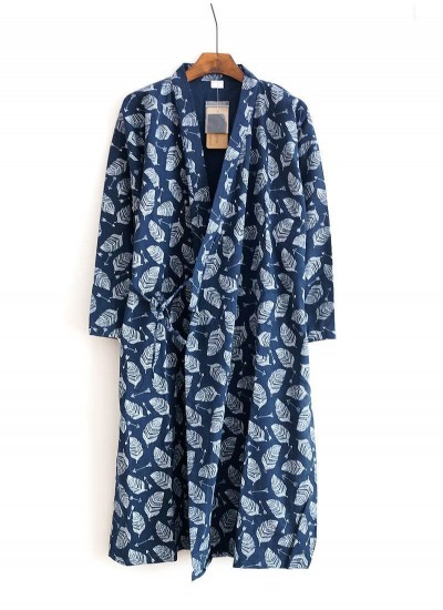 Spring Summer Autumn Men's Robe 100% Cotton Gauze Leaf Long Nightgrown Loose Kimono Nightwear Home Clothing Nightly Bathrobes