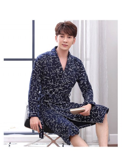 Top Quality Long Sleeve Men Robe Plus Size Nightgown Male 100% Cotton Print Nightgown For Men