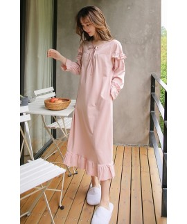 Pink Sweet Flounce Womens Cotton Nightdress Long S...