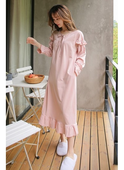 Pink Sweet Flounce Womens Cotton Nightdress Long Sleeve Spring Autumn Winter Sleepwear Casual Pullover Women Lace Nightwear Robe