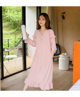 Pink Sweet Flounce Womens Cotton Nightdress Long Sleeve Spring Autumn Winter Sleepwear Casual Pullover Women Lace Nightwear Robe