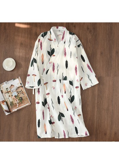 Summer 100% Cotton Gauze Kimono Bathrobe Nightie Full-length Japanese Womens Nightgown