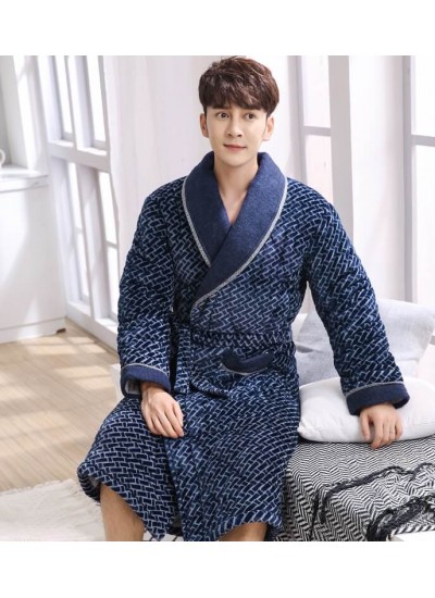 New Cotton Thick Plus Size Nightgowns Geometric Print Night Gown For Men Autumn Winter Kimono Night Wear Warm Robes Male's Pajamas