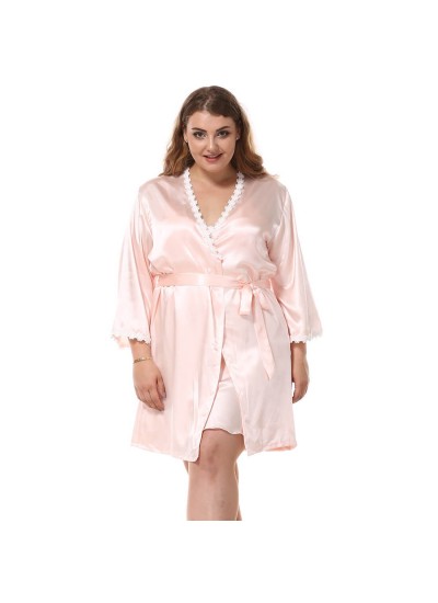 Floral Trim Female Silk Nightwear Plus Size Women Sleepwear Lounge Kimono Robe Set Rayon Satin Nightwear