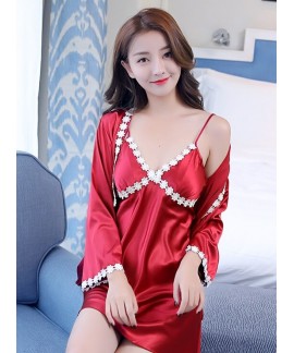 Floral Trim Female Silk Nightwear Plus Size Women Sleepwear Lounge Kimono Robe Set Rayon Satin Nightwear