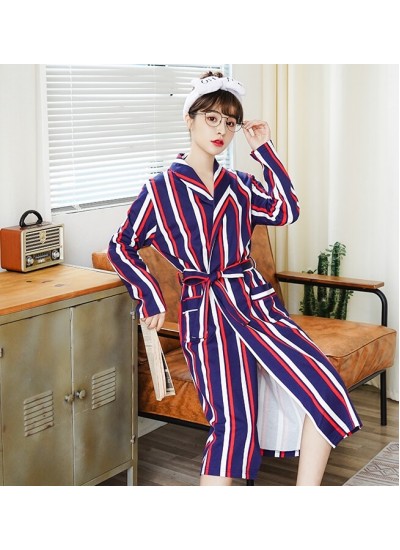 New Women Cotton Spring Autumn Nightgowns Striped Sweet Homewear Pockets Bathrobe Pajamas Long Warm Sleepwear