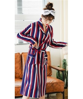 New Women Cotton Spring Autumn Nightgowns Striped Sweet Homewear Pockets Bathrobe Pajamas Long Warm Sleepwear