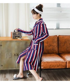 New Women Cotton Spring Autumn Nightgowns Striped Sweet Homewear Pockets Bathrobe Pajamas Long Warm Sleepwear